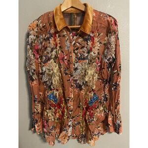 Aratta Silent Journey Shirt Womens Large Rust Floral Embroidered Velvet Collar